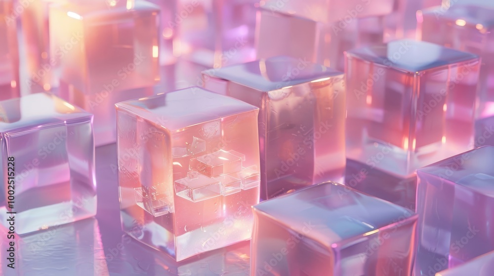 Digital 3D Render of Abstract Cubes in Nordic Pastel Colors and Opalescent Tiles, Featuring Square Shapes Digital 3D Render of Abstract Cubes in Nordic Pastel Colors and Opalescent Tiles, Featuring Square Shapes