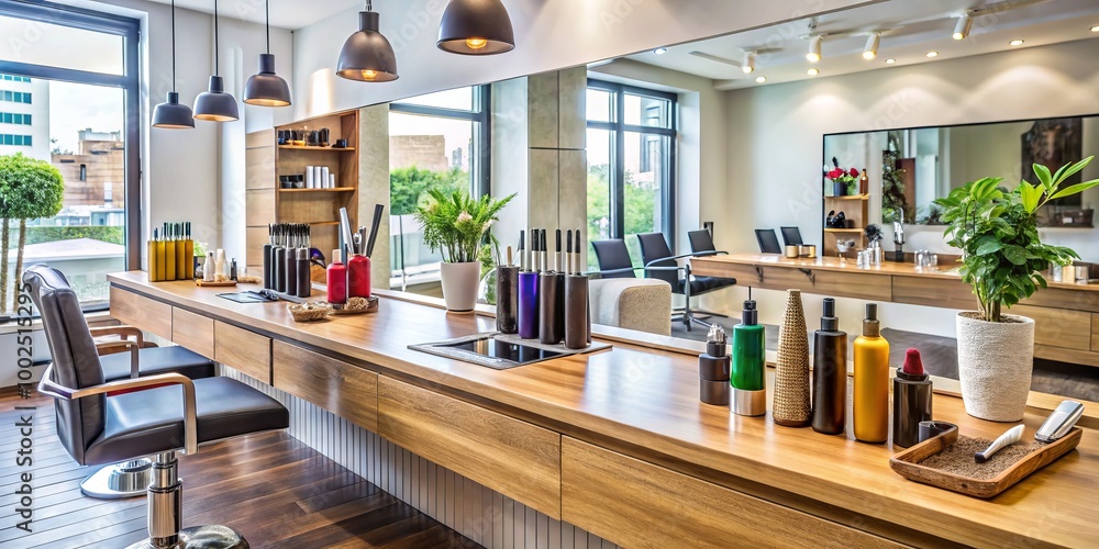 Professional hairstyling tools and products organized elegantly on a sleek, contemporary salon countertop, radiating a Professional hairstyling tools and products organized elegantly on a sleek, contemporary salon countertop, radiating a