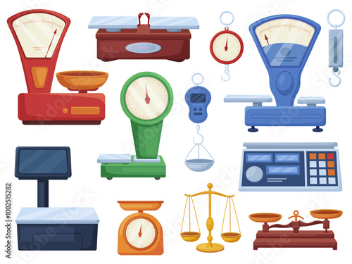 Cartoon retail scales. Isolated store scale for weighing food and goods. Mechanical and electric weighed system. Retail equipment nowaday vector set