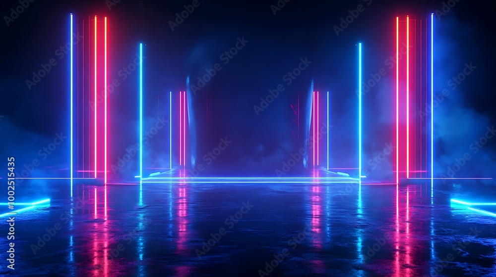 Futuristic neon lights create an immersive atmosphere with reflective surfaces and colorful patterns. Futuristic neon lights create an immersive atmosphere with reflective surfaces and colorful patterns.