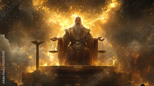 A wise old man with a long beard sits on a throne, holding scales of justice in his hands. He is surrounded by flames and light. photo