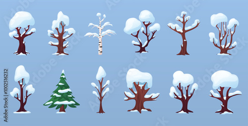 Cartoon snow tree. Winter trees and bushes, birch oak fir tree spruce under snowy hats. Seasonal nature, park or garden elements, nowaday vector set