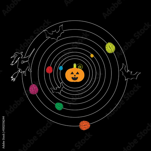 Witches, bats, and brains in orbit with the pumpkin as their earth. Happy Halloween!