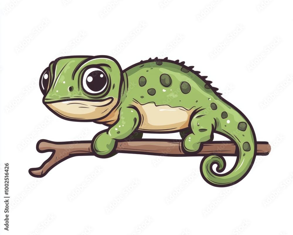 Obraz premium Cute chameleon character icon in a hand drawn style Green 2D cartoon illustration on a white background