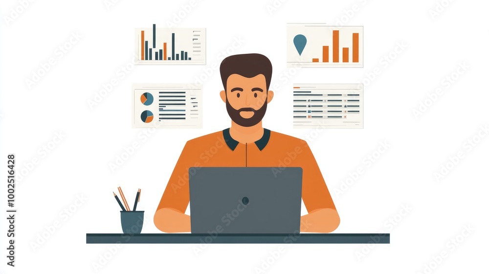 Man with a laptop analyzing financial data depicting earnings and stock trading success Flat 2D cartoon illustration on a white background Man with a laptop analyzing financial data depicting earnings and stock trading success Flat 2D cartoon illustration on a white background