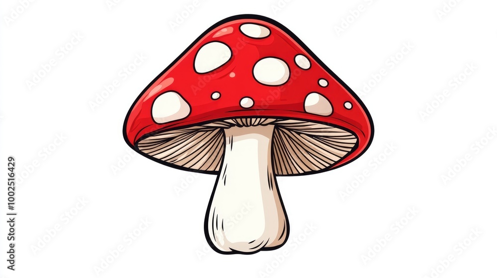 Red mushroom illustrated in cartoon style with a distinctive color and outline on a white background Red mushroom illustrated in cartoon style with a distinctive color and outline on a white background