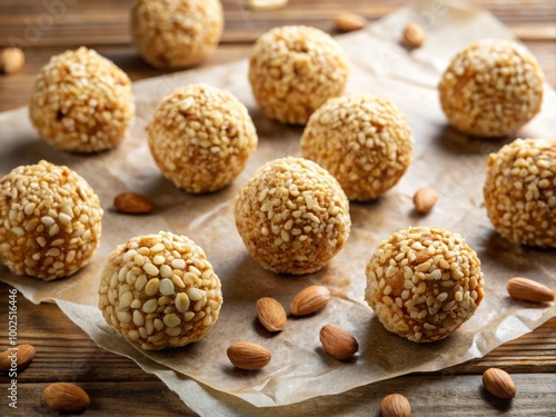 sesame seed balls with almonds arranged on parchment paper, bathed in soft, natural light that highlights their gourmet photo