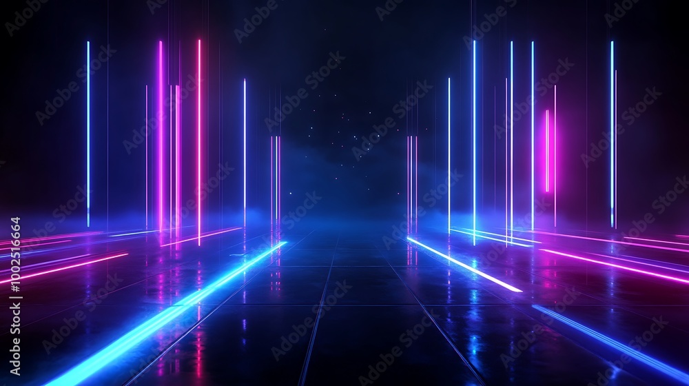Futuristic neon lights creating an immersive atmosphere with vibrant colors and reflective surfaces. Futuristic neon lights creating an immersive atmosphere with vibrant colors and reflective surfaces.