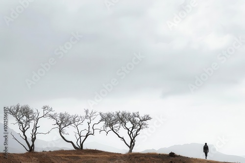 A desolate landscape with withered trees, an overcast sky, and a distant figure, all elements detailed and sharp to depict loneliness photo