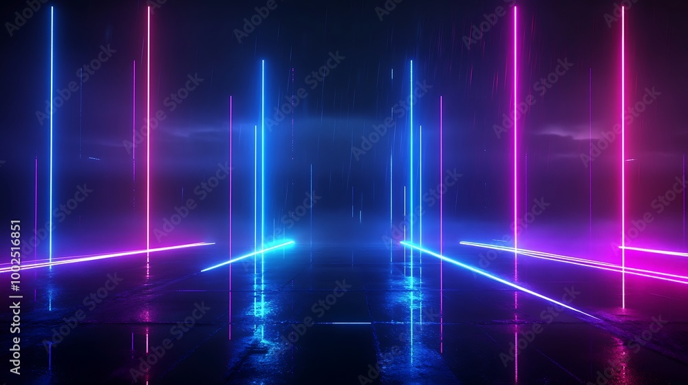 Futuristic neon lights displayed in a dark atmosphere, creating a vibrant, glowing effect. Futuristic neon lights displayed in a dark atmosphere, creating a vibrant, glowing effect.