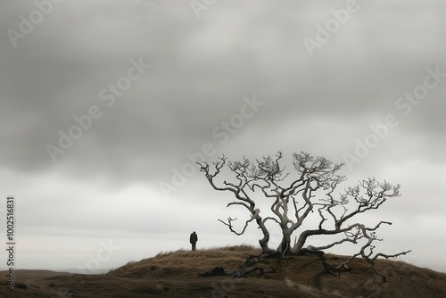 A desolate landscape with withered trees, an overcast sky, and a distant figure, all elements detailed and sharp to depict loneliness photo