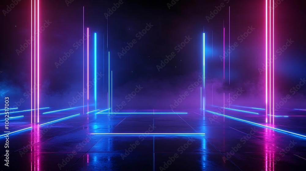 Fototapeta premium Futuristic neon lights glowing in a dark environment, creating a vibrant atmosphere with reflections.