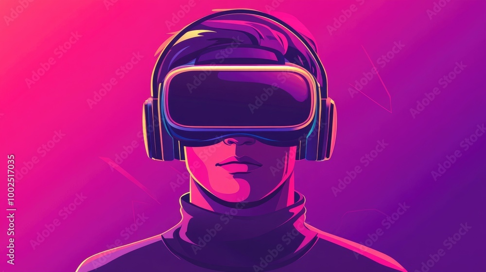Male character wearing virtual reality glasses and headphones engaged in video gaming Concept of contemporary three dimensional imagery in a flat cartoon style Male character wearing virtual reality glasses and headphones engaged in video gaming Concept of contemporary three dimensional imagery in a flat cartoon style