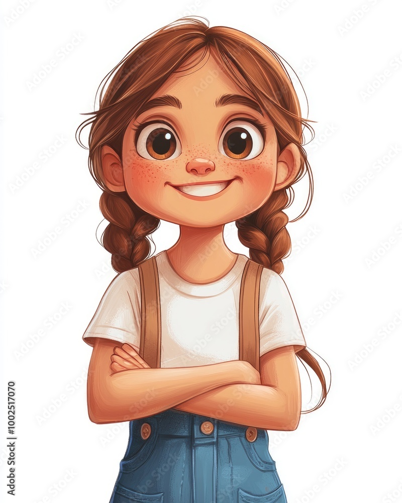 Adorable girl smiling in a 2D cartoon style on a white backdrop Adorable girl smiling in a 2D cartoon style on a white backdrop