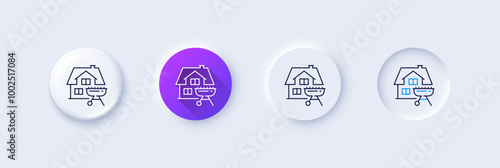 Home grill line icon. Neumorphic, Purple gradient, 3d pin buttons. Barbecue cooker for cooking food sign. Meat brazier symbol. Line icons. Neumorphic buttons with outline signs. Vector