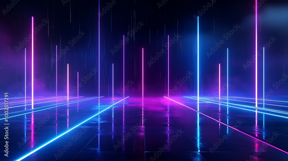 Futuristic neon lights illuminate a dark space with vibrant colors, perfect for modern design projects. Futuristic neon lights illuminate a dark space with vibrant colors, perfect for modern design projects.