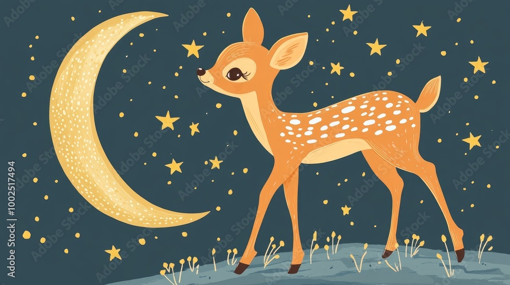Whimsical toy fawn strolling on the moon Hand drawn illustration of an adorable deer Isolated design elements in Scandinavian flat style ideal for children s prints textiles and wrapping paper Whimsical toy fawn strolling on the moon Hand drawn illustration of an adorable deer Isolated design elements in Scandinavian flat style ideal for children s prints textiles and wrapping paper