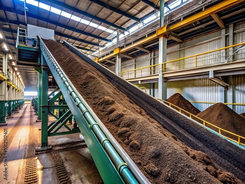 Soil cascades from the conveyor belt in a crushing and sorting facility, efficiently processing raw materials for