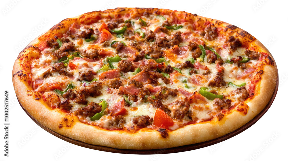 A delicious pizza with cheese, tomato, and pepperoni on a white background A delicious pizza with cheese, tomato, and pepperoni on a white background