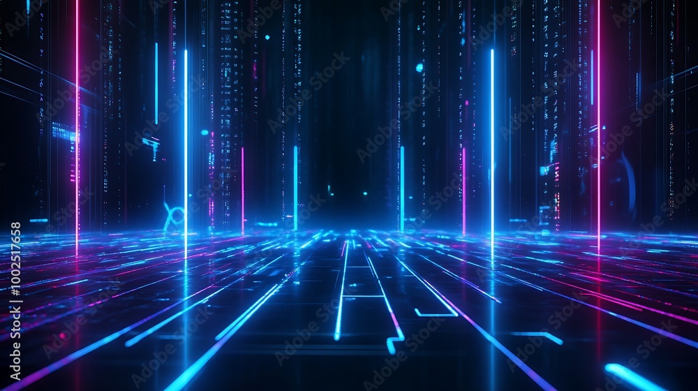 Futuristic neon lights illuminating a digital landscape, creating an immersive atmosphere of technology and innovation. Futuristic neon lights illuminating a digital landscape, creating an immersive atmosphere of technology and innovation.