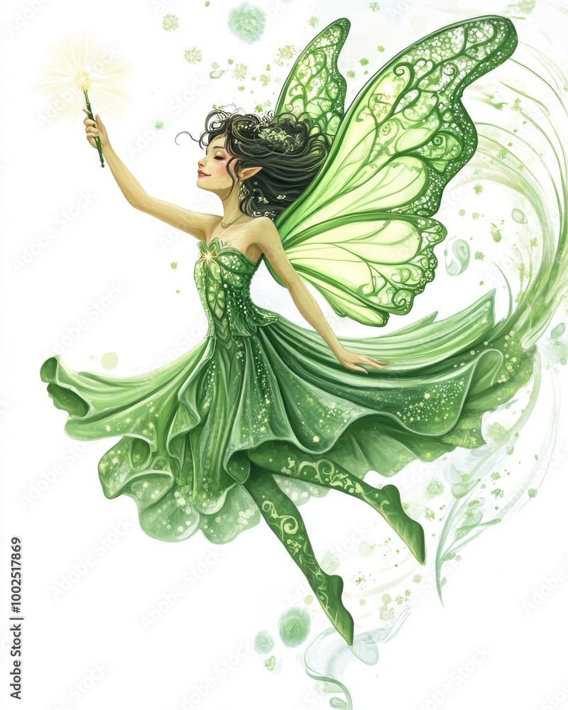 Whimsical fairy girl with a magic wand depicted in a 2D cartoon style Enchanting princess with green butterfly wings and dress joyfully leaping and twirling like a dancer or elf Whimsical fairy girl with a magic wand depicted in a 2D cartoon style Enchanting princess with green butterfly wings and dress joyfully leaping and twirling like a dancer or elf
