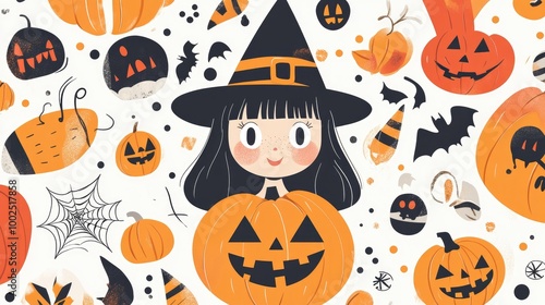 Halloween themed 2D cartoon illustration featuring a girl in a pumpkin costume surrounded by festive icons