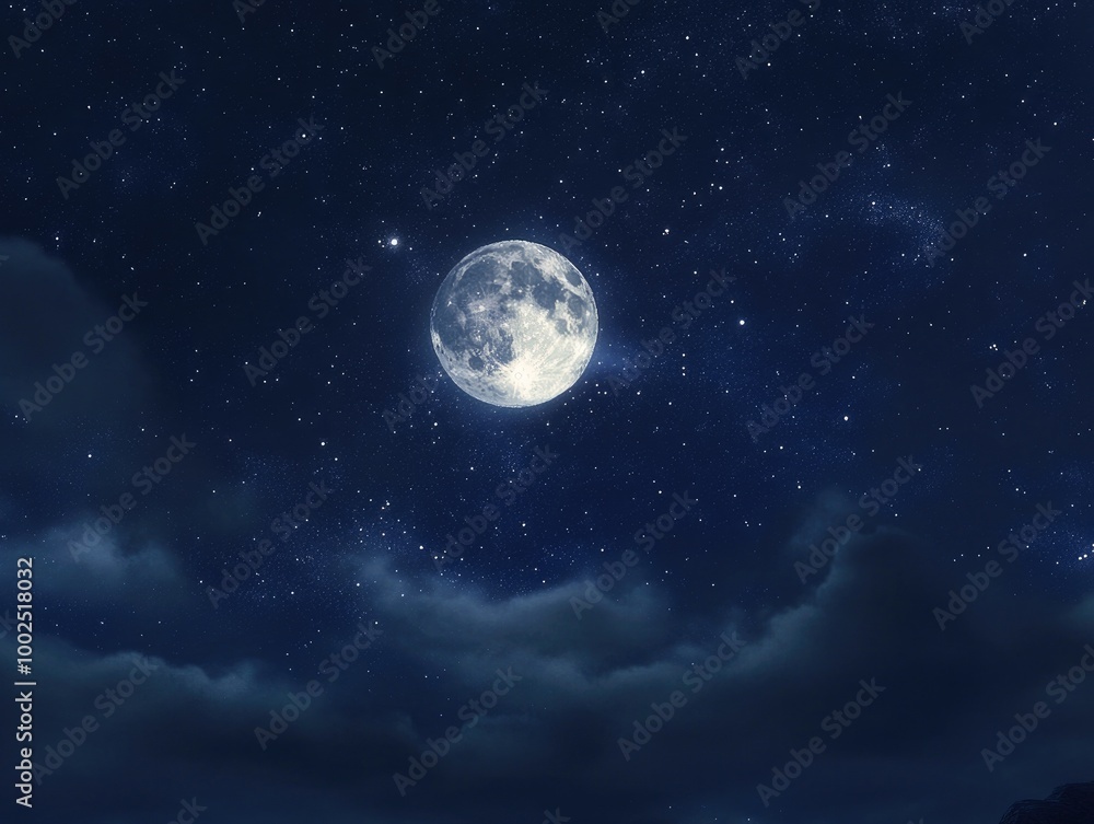 Night sky featuring a full moon and twinkling stars creating a captivating fantasy backdrop Night sky featuring a full moon and twinkling stars creating a captivating fantasy backdrop