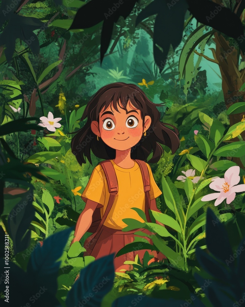 Charming animated character of a girl in a lush forest surrounded by botanical elements showcasing a whimsical and playful vibe in a 2D cartoon style Charming animated character of a girl in a lush forest surrounded by botanical elements showcasing a whimsical and playful vibe in a 2D cartoon style