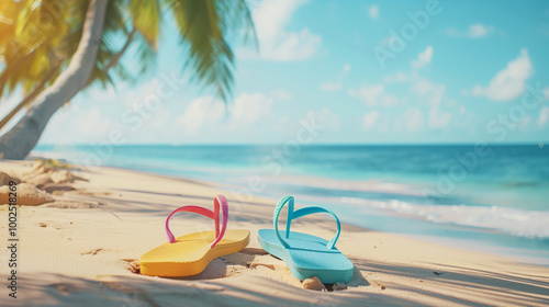 Vibrant Flip-Flops on a Serene Beach with Golden Sands and Palm Trees