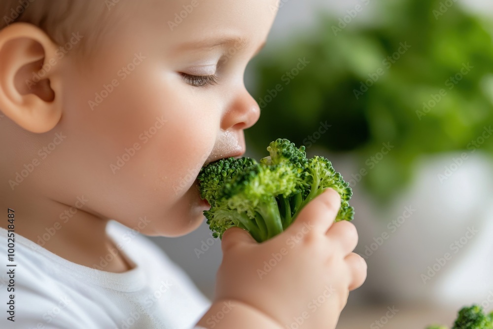 Chubby-cheeked baby savoring fresh green broccoli florets happily Chubby-cheeked baby savoring fresh green broccoli florets happily
