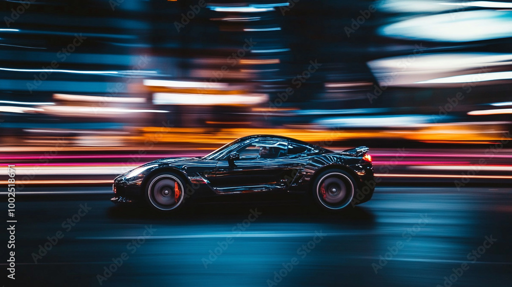 Fototapeta premium Silver-accented black sports car speeding through a dark city, urban lights blurred with motion-4