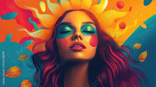 Stylized sun featuring a woman s face in a vibrant 2D cartoon style illustration