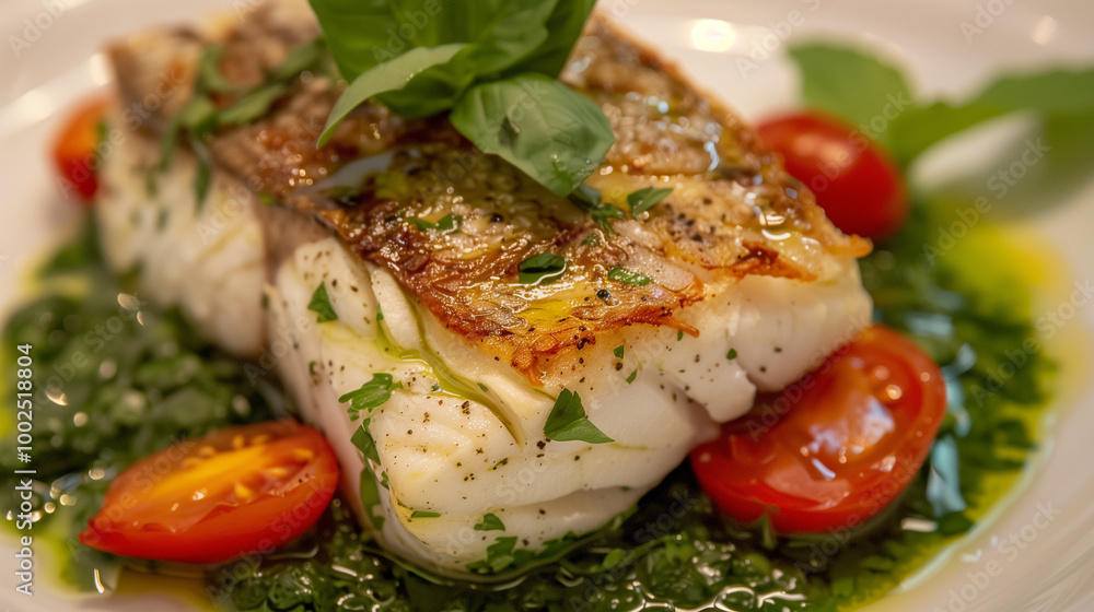 Grilled white fish fillet with a drizzle of herb-infused sauce, garnished with cherry tomatoes and fresh greens Grilled white fish fillet with a drizzle of herb-infused sauce, garnished with cherry tomatoes and fresh greens