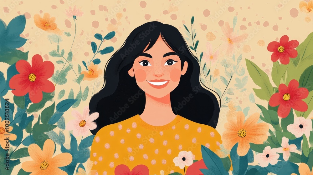 Smiling woman surrounded by flowers in a dotted background depicted in a 2D cartoon illustration style Smiling woman surrounded by flowers in a dotted background depicted in a 2D cartoon illustration style