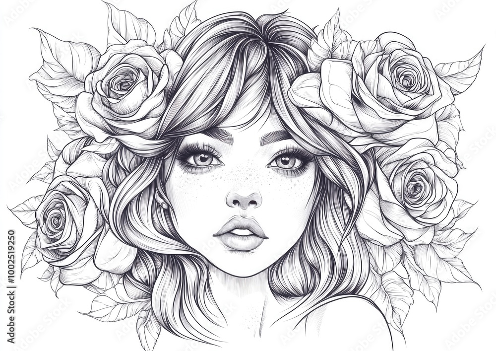 Fantasy girl with wavy hair adorned with roses illustrated in 2D style on a white background Suitable for a coloring book page tattoo or beauty salon design Fantasy girl with wavy hair adorned with roses illustrated in 2D style on a white background Suitable for a coloring book page tattoo or beauty salon design