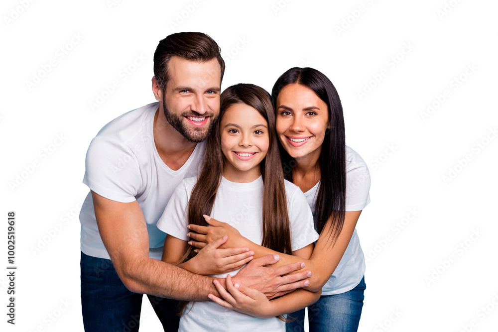Portrait of lovely adult guy woman and cute kid hug piggyback wearing white t-shirt denim jeans isolated over blue background Portrait of lovely adult guy woman and cute kid hug piggyback wearing white t-shirt denim jeans isolated over blue background