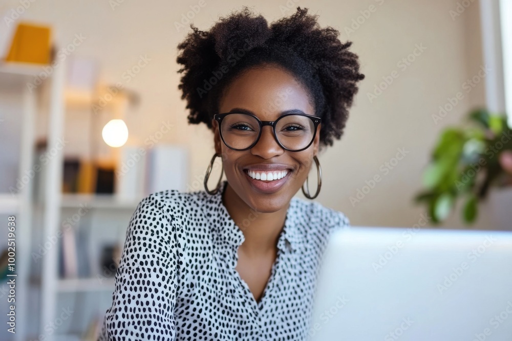 © Papukos - Smiling professional woman with laptop in cozy home office. © Papukos - Smiling professional woman with laptop in cozy home office.