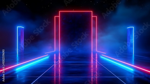 Futuristic neon portal with glowing lights, producing a vibrant and atmospheric scene.