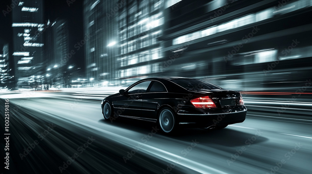 Fototapeta premium Dark black and silver car zipping through the city's dim highway, motion blur intensifying the speed-2