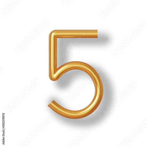 Numeral 5 - Golden Plastic Balloon Number five Isolated on White Background. 3D Style Vector Illustration