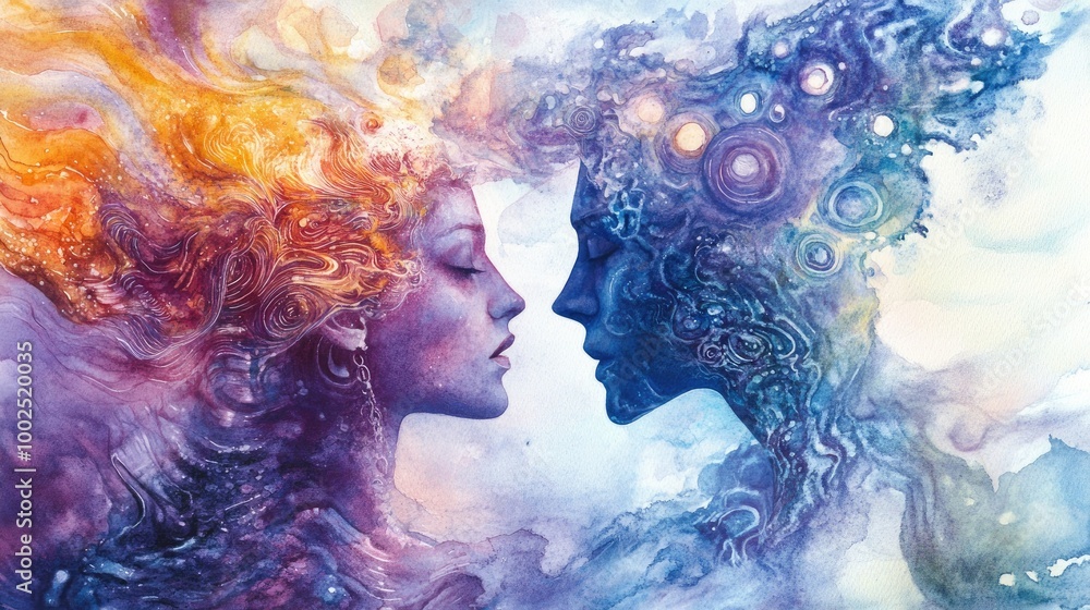 Abstract watercolor depiction of a fantastical man and woman Abstract watercolor depiction of a fantastical man and woman