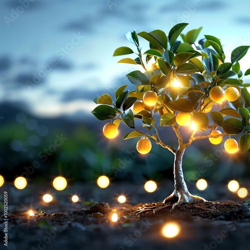 growth tree with glowing fruits, symbolizing the fruition of business efforts and goals.