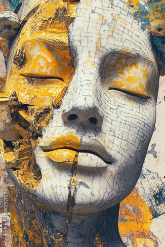 Vintage human face sculpture reimagined in a luxury AI art style Innovative image showcasing an ancient gold statue Contemporary neural network art illustration with a vibrant collage design