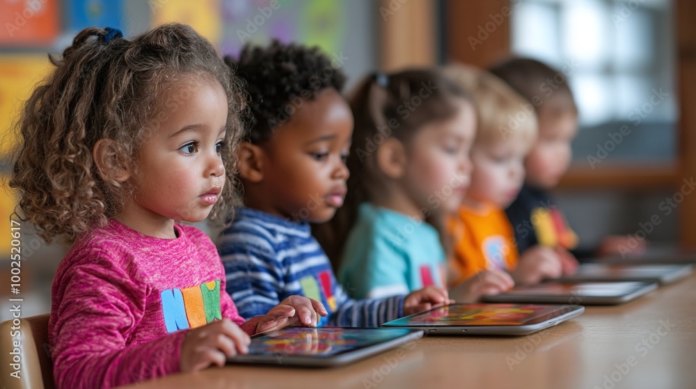 Obraz premium children learning through tablets in a classroom setting, integrating technology to make learning more interactive, efficient, and exciting for modern students