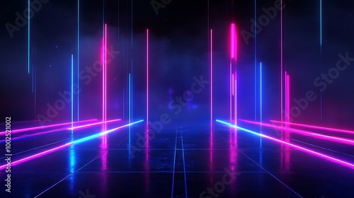 Neon light beams in blue and pink create a futuristic digital landscape with reflections.