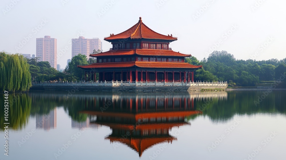 Fototapeta premium Illustrious Love Evening Pavilion, a prominent landmark in Changsha, exemplifies the architectural grandeur of ancient China.