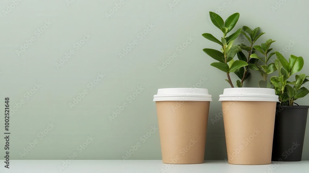 Coffee cups with plants, green background Coffee cups with plants, green background