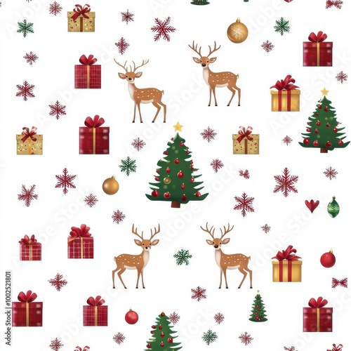 christmas tree and reindeer pattern on a white background