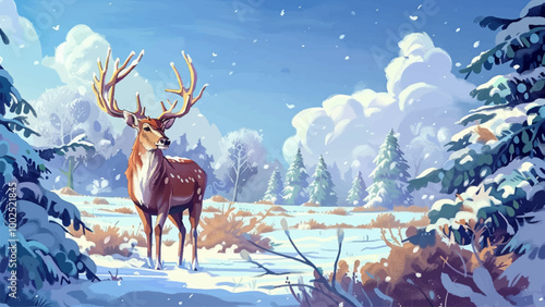 Beautiful Big Deer In The Snow-Covered Thickets Of A Winter Forest Illustration Digital Painting Featuring A Majestic Deer Amidst Snowy Trees And Foliage