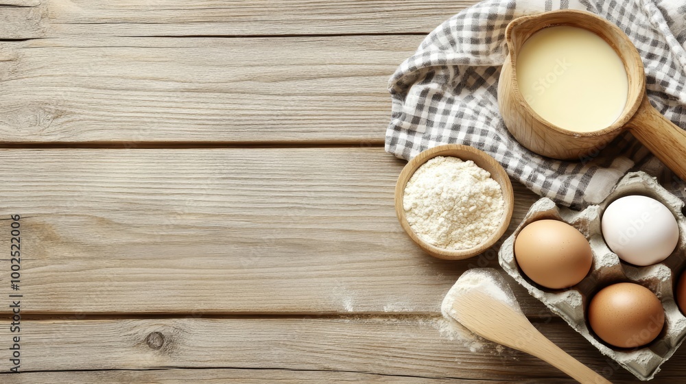 Baking Essentials Rustic Flat Lay of Flour, Eggs, and Milk on Wooden Table for Culinary Background Baking Essentials Rustic Flat Lay of Flour, Eggs, and Milk on Wooden Table for Culinary Background